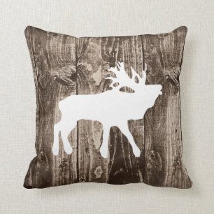 Bugling Elk on Rustic Wood Cabin Throw Pillow