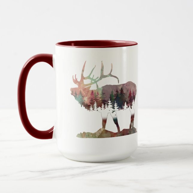 Bugling multicolor watercolor Elk silhouette mug (Left)