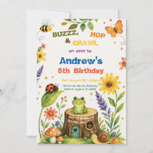 Bugs and Frog Watercolor Garden Boy Birthday Invitation