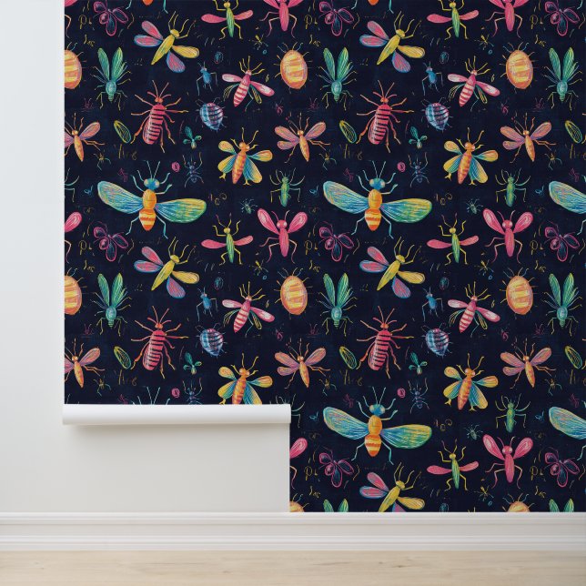 Bugs & Bees Colourful Insect Collection Pattern Wallpaper (Application)
