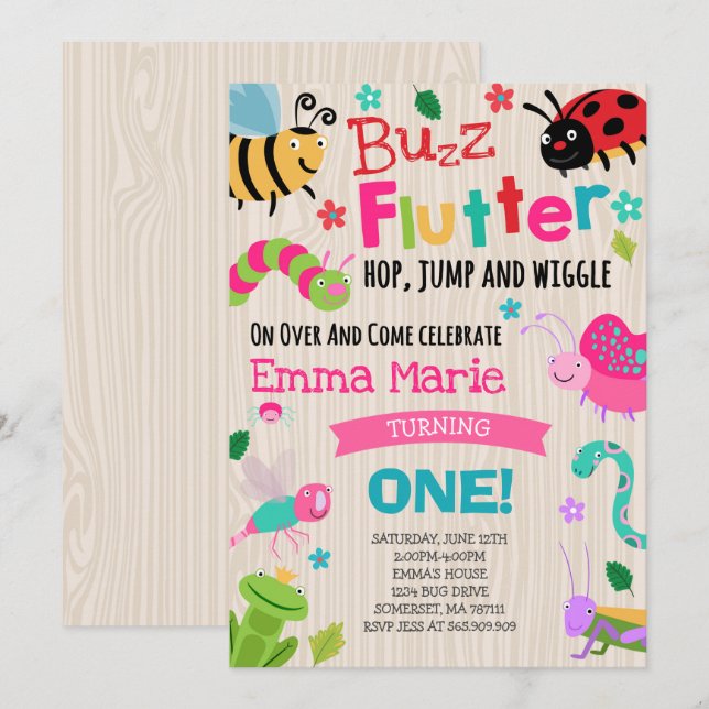 Bugs Birthday Invitation Girl Pink Bugs Party (Front/Back)