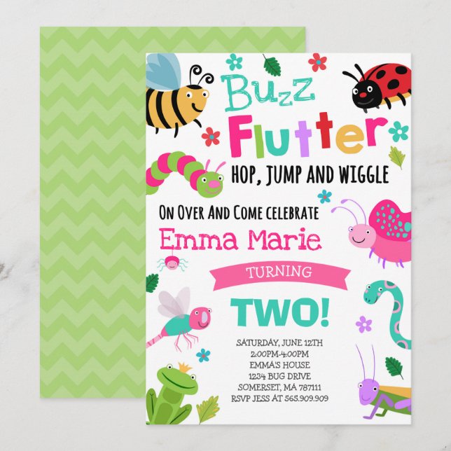 Bugs Birthday Invitation Girl Pink Bugs Party (Front/Back)