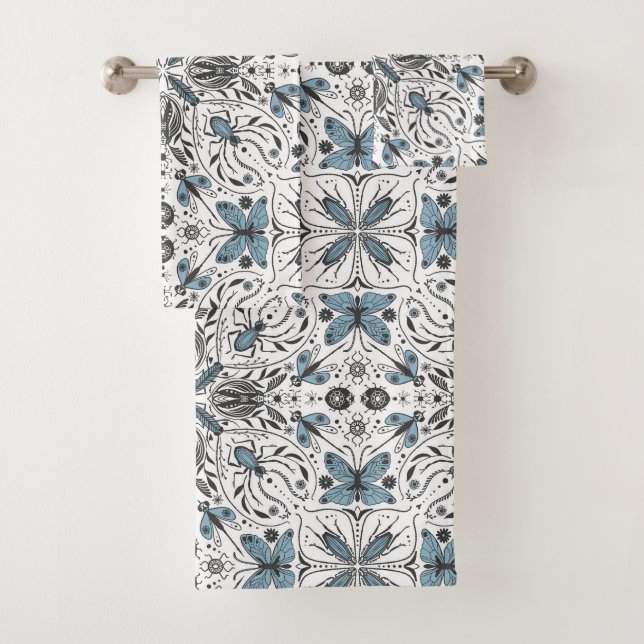 Bugs, black and blue bath towel set (Insitu)