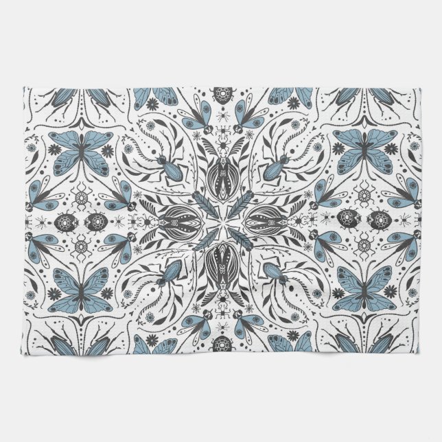 Bugs, black and blue kitchen towel (Horizontal)