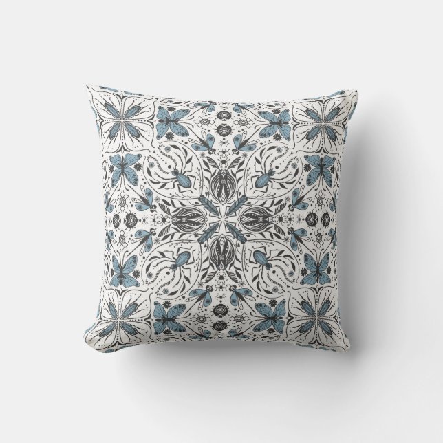 Bugs, black and blue throw pillow (Front)