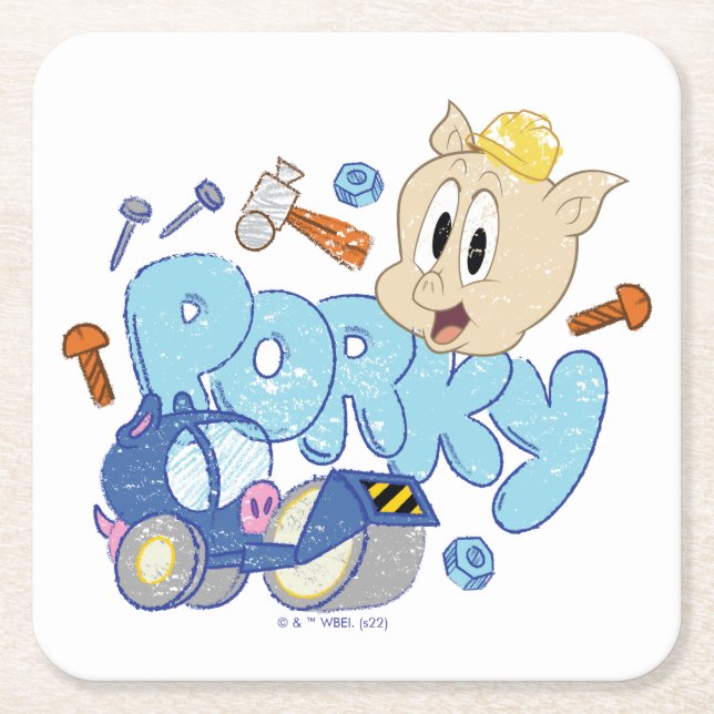 BUGS BUNNY BUILDERS™| Porky Sketch Art Square Paper Coaster (Front)