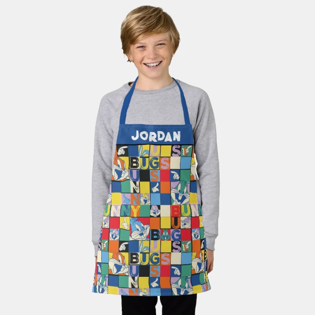 BUGS BUNNY™ Colourful Name and Face Chequered Apron (Worn)