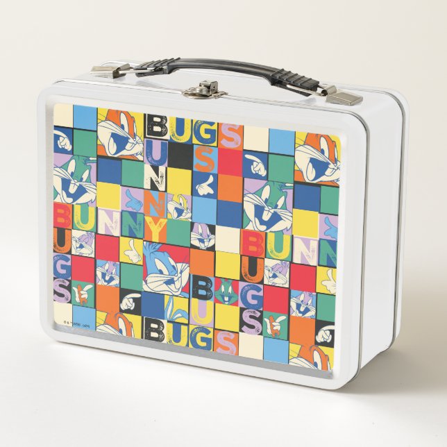 BUGS BUNNY™ Colourful Name and Face Chequered Metal Lunch Box (Front)