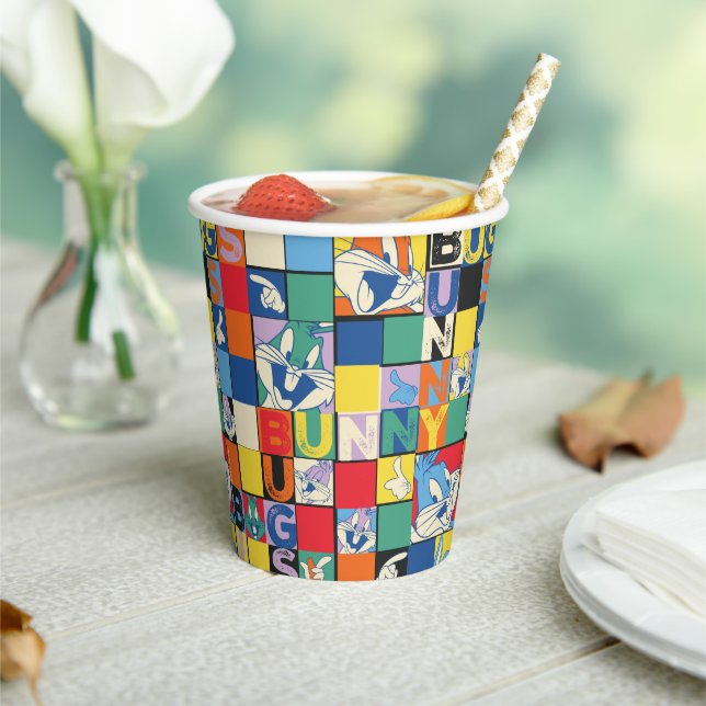 BUGS BUNNY™ Colourful Name and Face Chequered Paper Cups (Insitu)