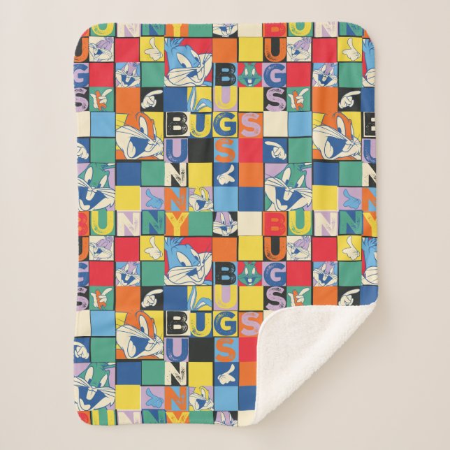 BUGS BUNNY™ Colourful Name and Face Chequered Sherpa Blanket (Front)