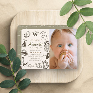 Bugs Critters Insects Doodle Photo 1st Birthday Invitation