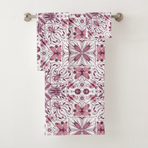 Bugs, dark magenta and pink on white bath towel set