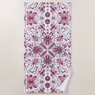 Bugs, dark magenta and pink on white beach towel