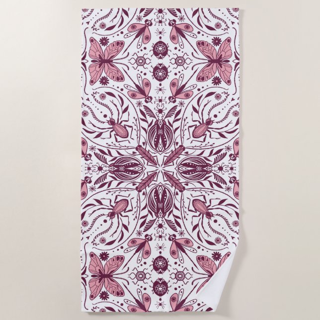 Bugs, dark magenta and pink on white beach towel (Front)
