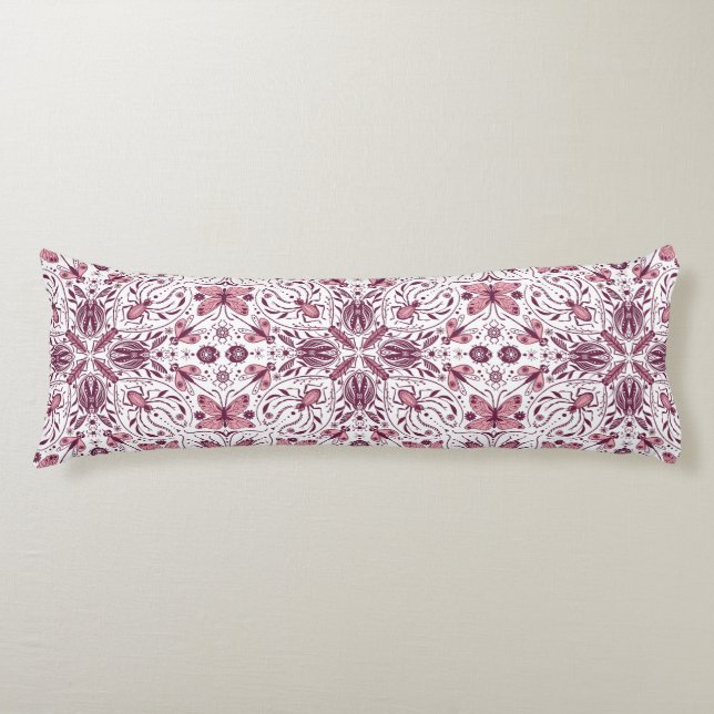 Bugs, dark magenta and pink on white body pillow (Front)