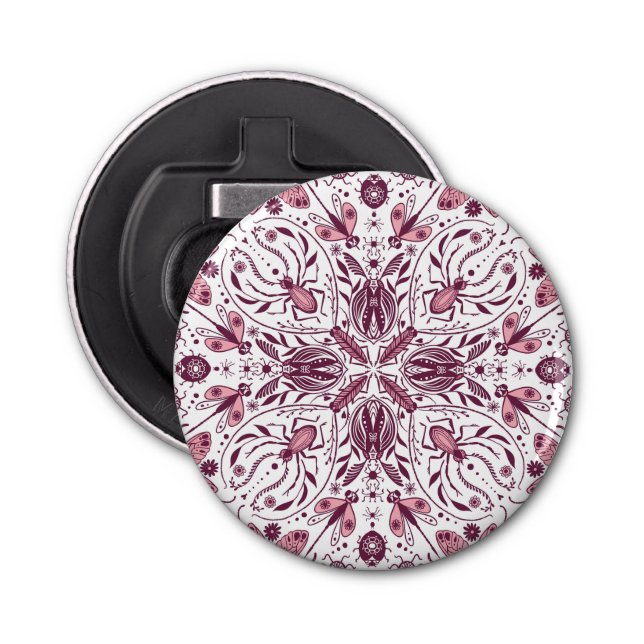 Bugs, dark magenta and pink on white bottle opener (Front)