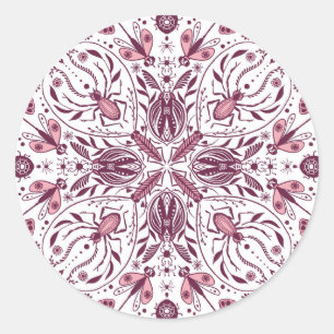 Bugs, dark magenta and pink on white classic round sticker