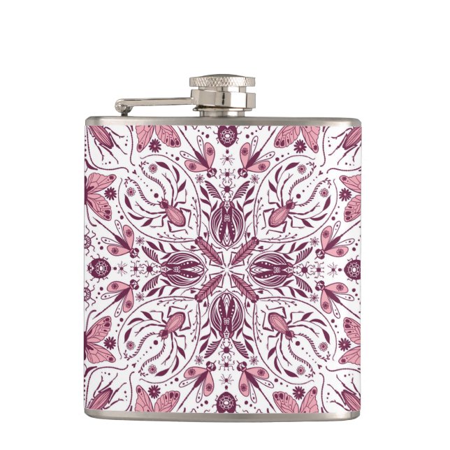 Bugs, dark magenta and pink on white hip flask (Front)