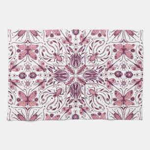 Bugs, dark magenta and pink on white kitchen towel