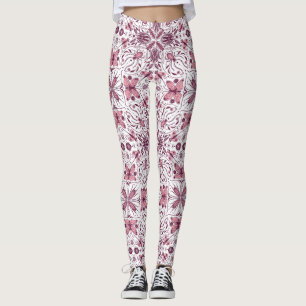 Bugs, dark magenta and pink on white leggings