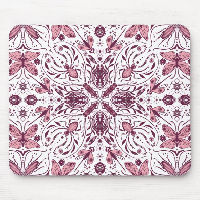 Bugs, dark magenta and pink on white mouse pad (Front)