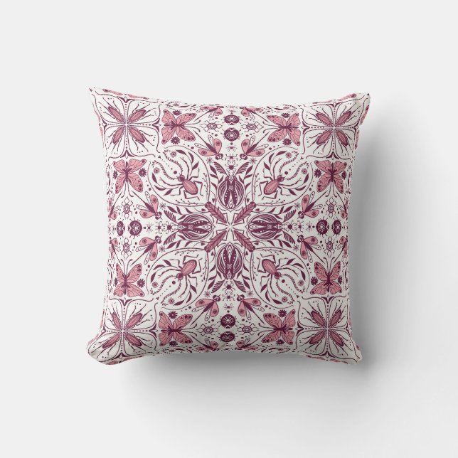 Bugs, dark magenta and pink on white throw pillow (Front)