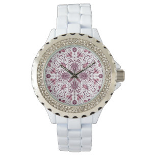 Bugs, dark magenta and pink on white watch