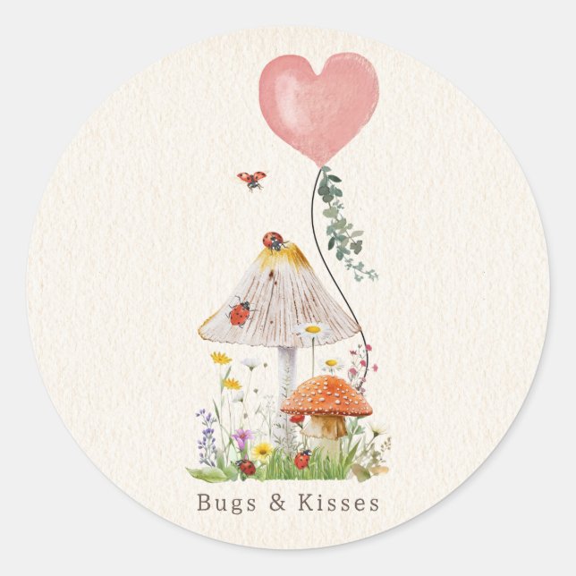 Bugs & Kisses Ladybugs Mushroom Valentine Classic Round Sticker (Front)