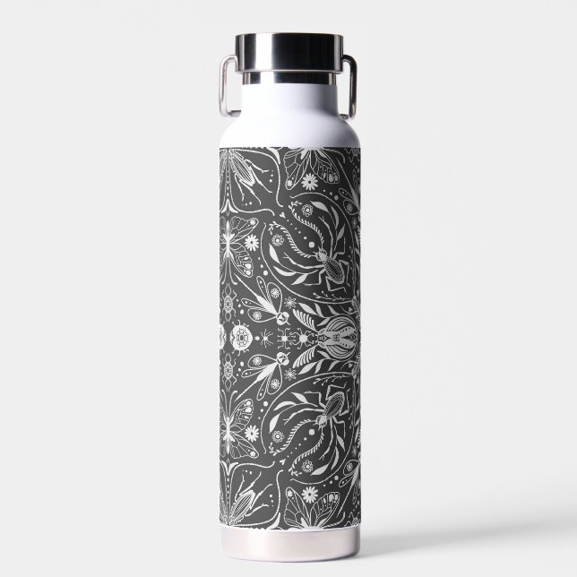 Bugs, off white on black water bottle (Front)