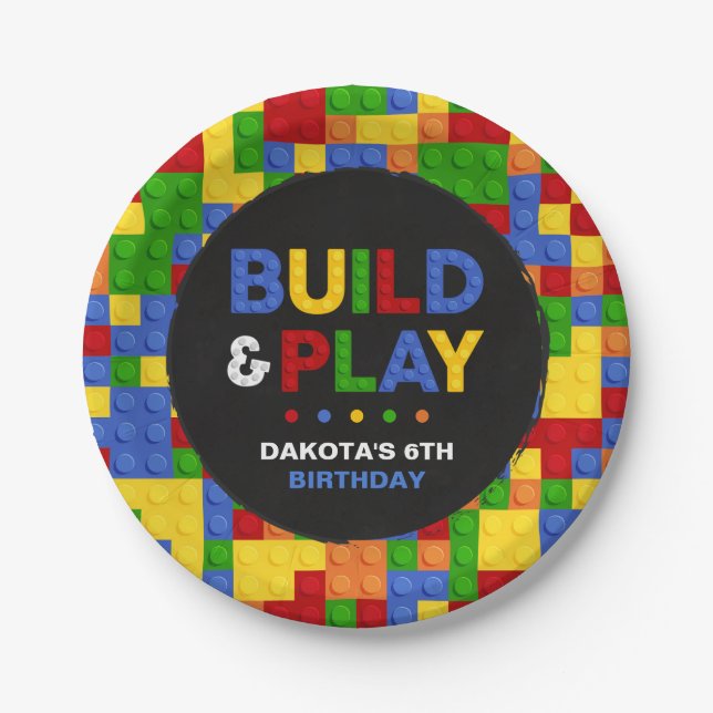 Build & Play Bricks Boy Birthday Paper Plate (Front)