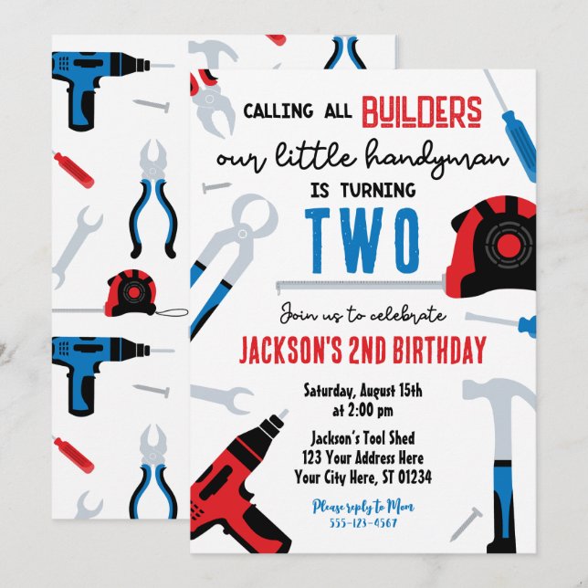 Builder Birthday Invitation, Handyman  Invitation (Front/Back)