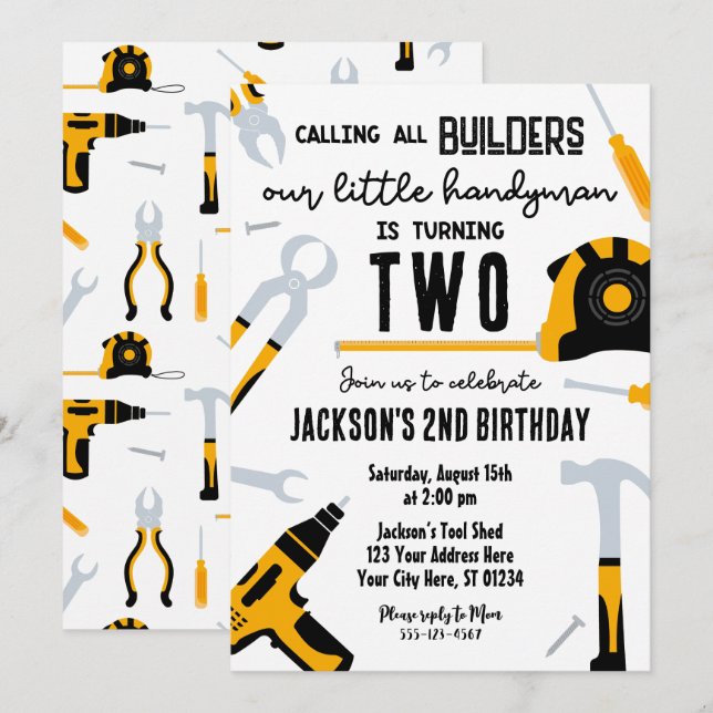 Builder Birthday Invitation, Handyman  Invitation (Front/Back)