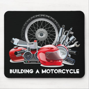 Building a Motorcycle with Parts Drawing Mouse Pad