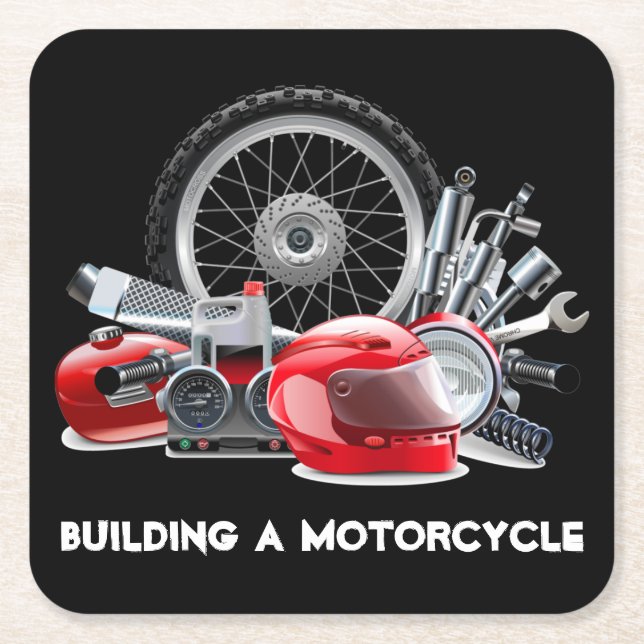 Building a Motorcycle with Parts Drawing Square Paper Coaster (Front)