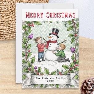 Building a Snowman   Retro Personalized Christmas Holiday Card
