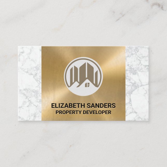 Building and Home Icon | Gold Metal Marble Business Card (Front)