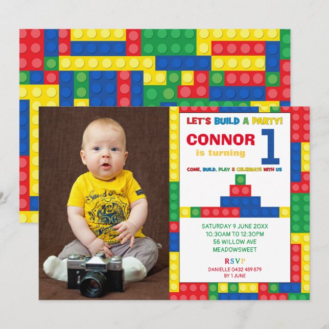 Building Block 1st Birthday Party Colorful Bricks Invitation (Front/Back)