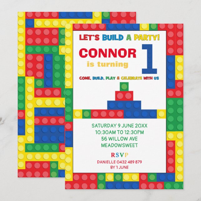 Building Block 1st Birthday Party Colorful Bricks Invitation (Front/Back)