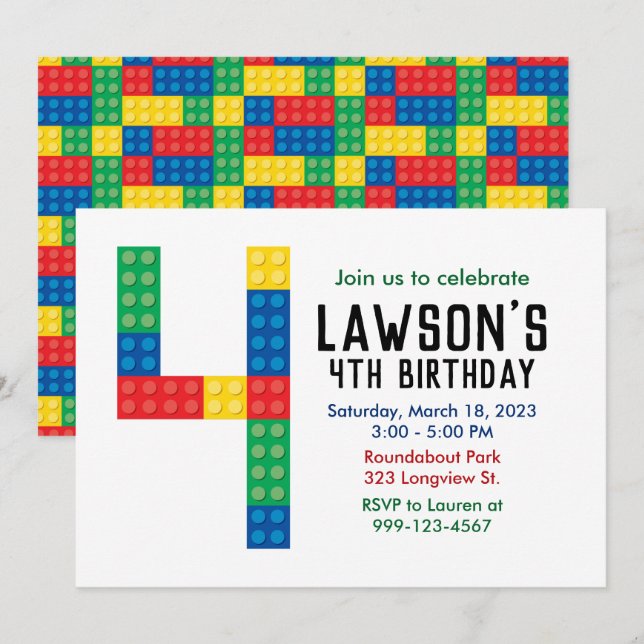 Building Block Party Invitation for 4th Party (Front/Back)