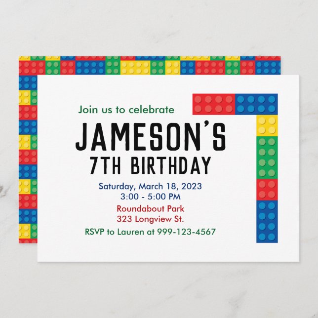Building Block Party Invitation for 7th Party (Front/Back)