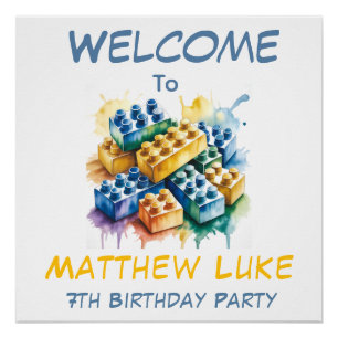 Building Block Splash Boy Birthday Party Welcome  Poster