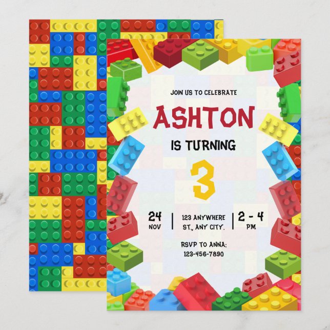 Building Blocks Birthday Invitation, Boys Birthday Invitation (Front/Back)