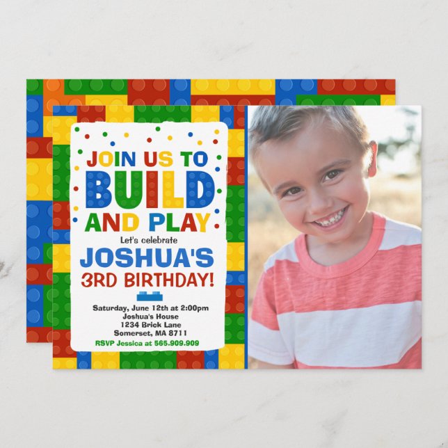 Building Blocks Birthday Invitation Bricks Party (Front/Back)