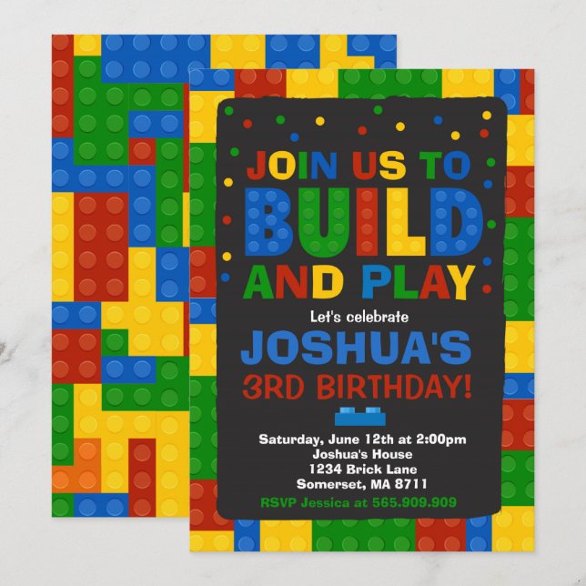 Building Blocks Birthday Invitation Bricks Party (Front/Back)