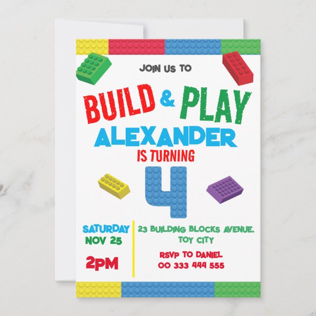 Building Blocks Boy 4th Birthday Toy Invitation (Front)