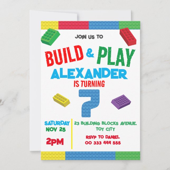 Building Blocks Boy 7th Birthday Toy Invitation (Front)