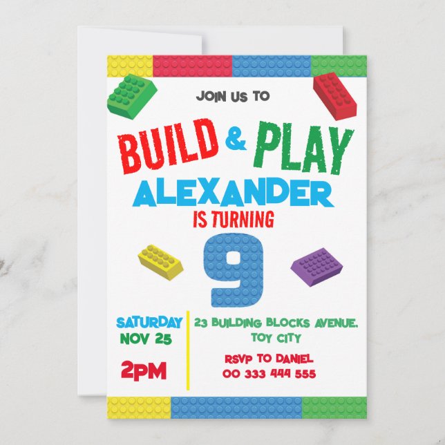 Building Blocks Boy 9th Birthday Toy Invitation (Front)