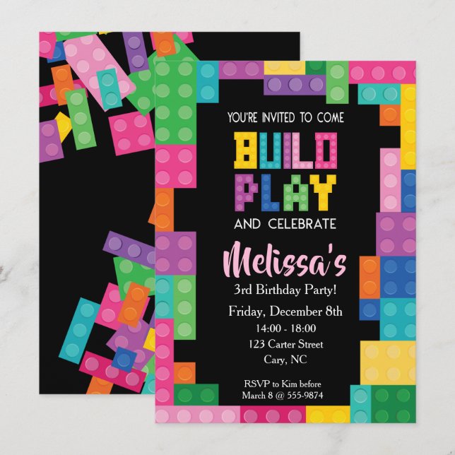 Building Bricks Birthday party Girls Invitation (Front/Back)