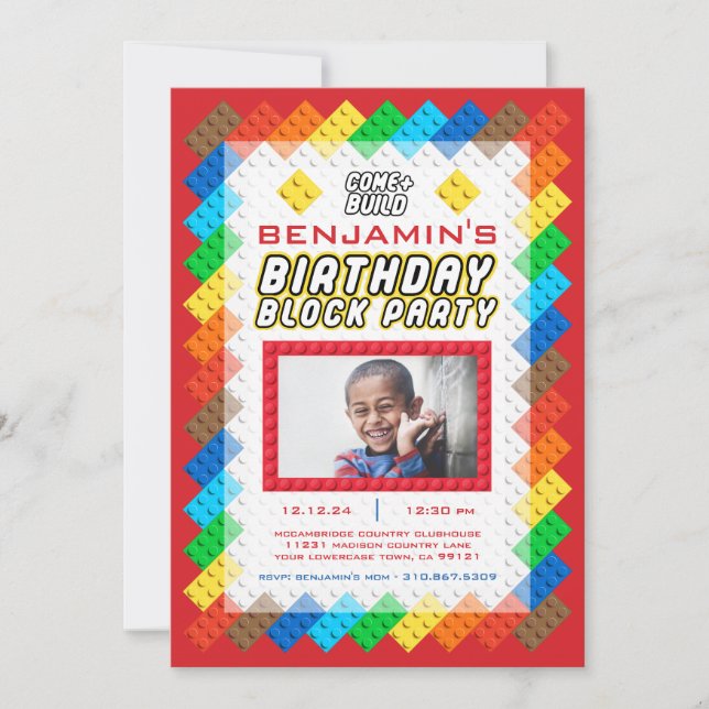 Building Bricks Construction Toy Zig-Zag Birthday  Invitation (Front)