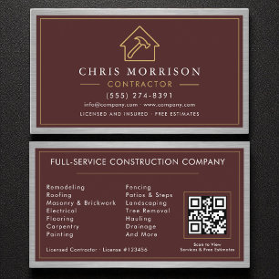 Building Construction Burgundy Faux Metal QR Code Business Card